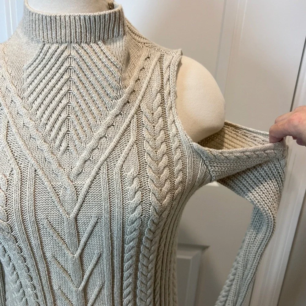 Michael Kors Womens Sweater Cold Shoulder Cable Knit Beige Size S